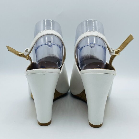 Tahari Heels Womens Size 9 M White Vander LeatherCork Wedge Sandals Peep Toe - Picture 7 of 12